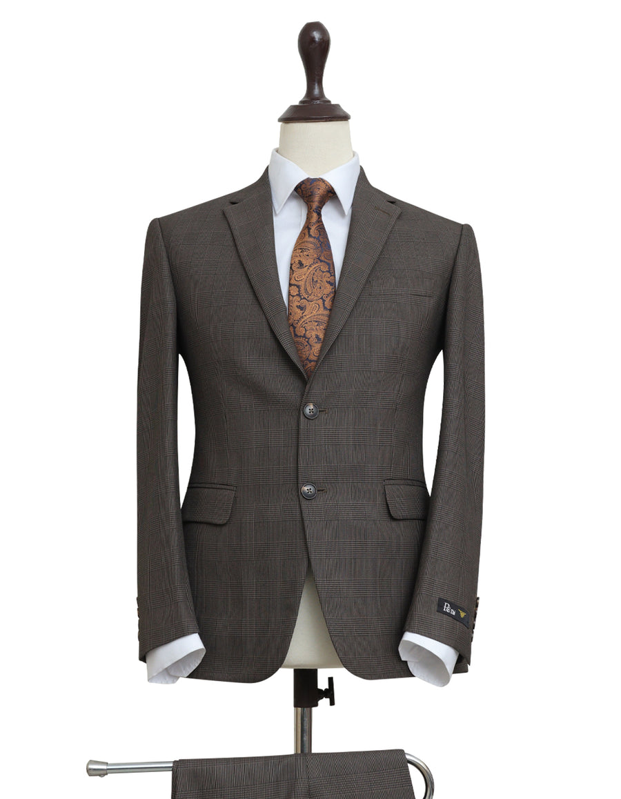 Brown Self Check Tropical Suit