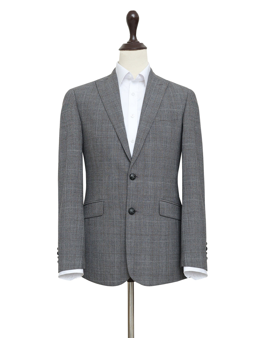 Grey Self Check Wool Blazer