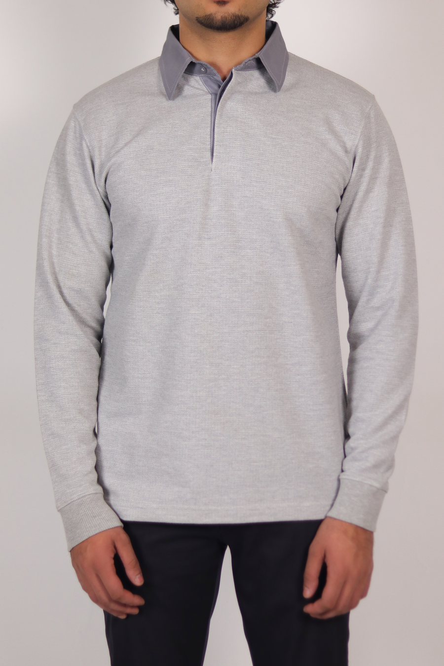 Grey Full Sleeve Textured Polo