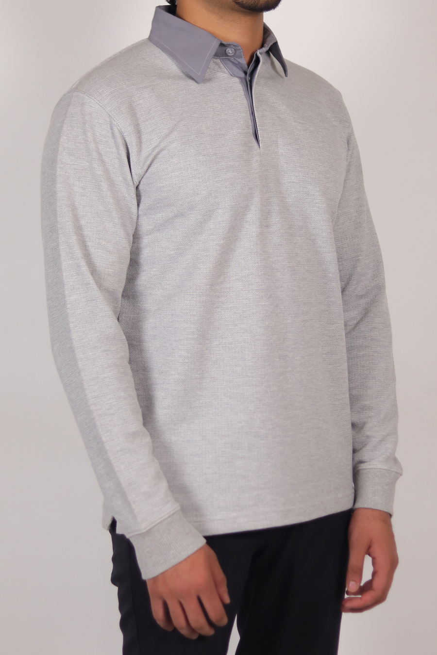 Grey Full Sleeve Textured Polo