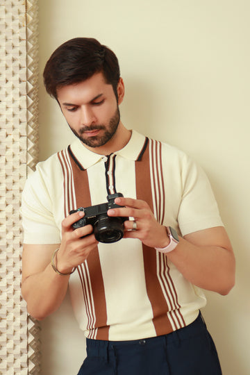 Stripe Knit Polo - Beige