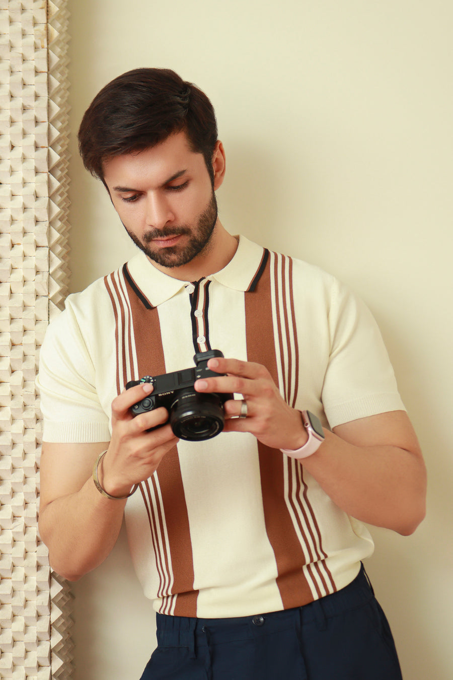 Stripe Knit Polo - Beige