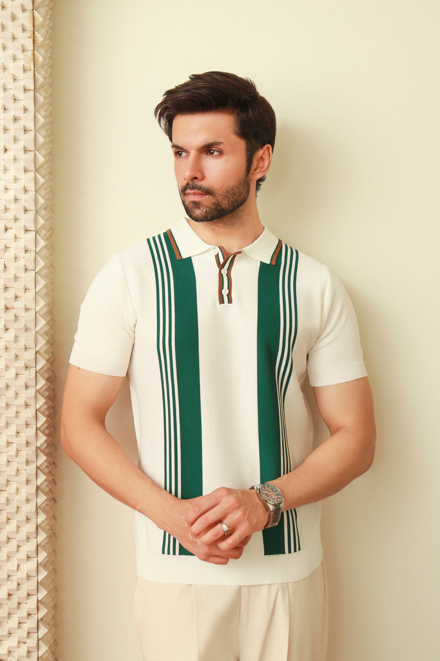 White & Olive Stripe Knitted Polo