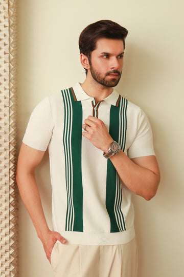 White & Olive Stripe Knitted Polo