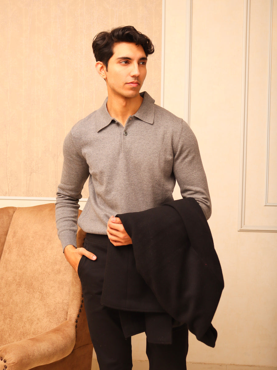 Classic Dark Grey 2 Button Polo Sweater
