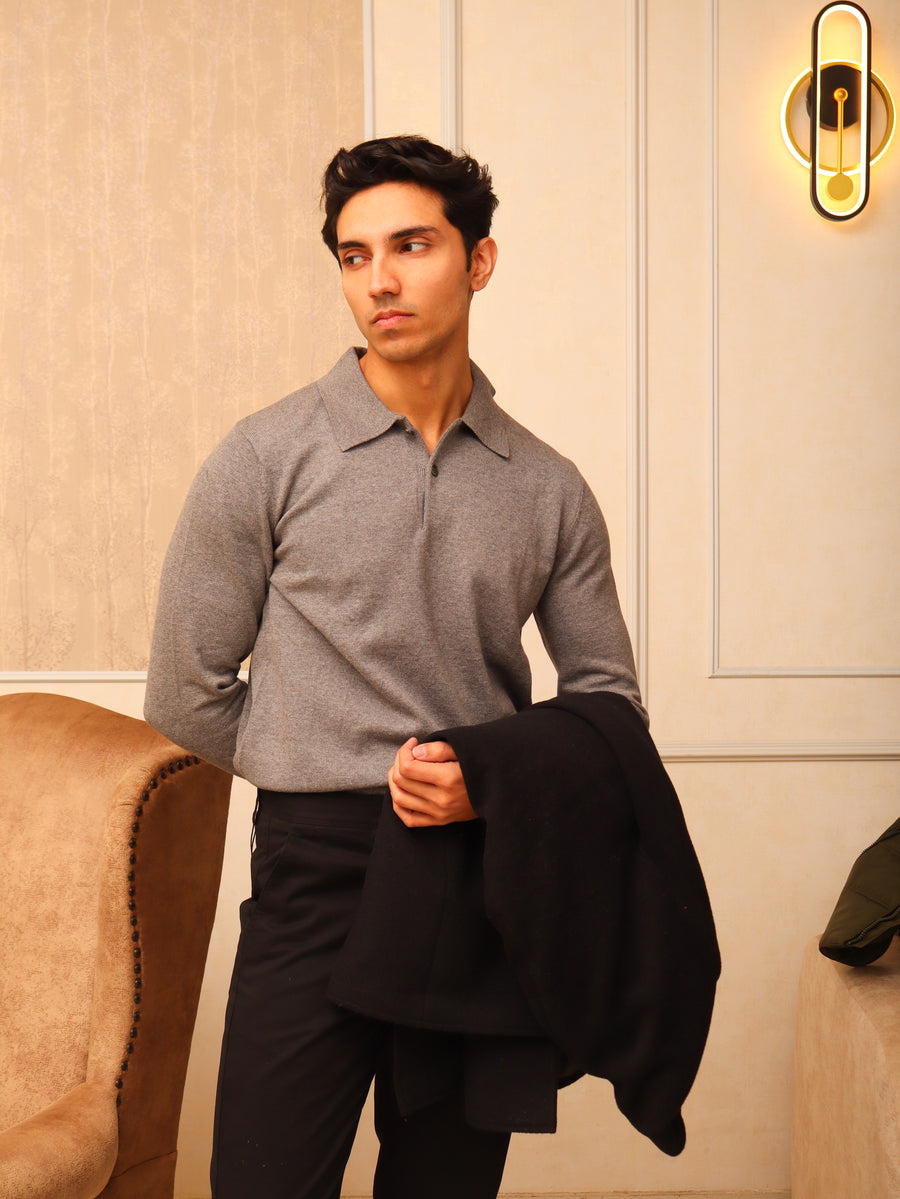 Classic Dark Grey 2 Button Polo Sweater