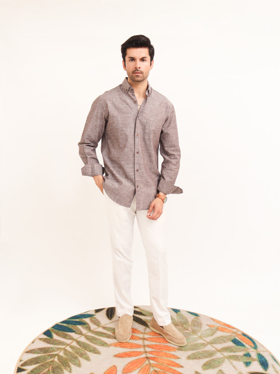 Grey Cotton Linen Button Down Shirt
