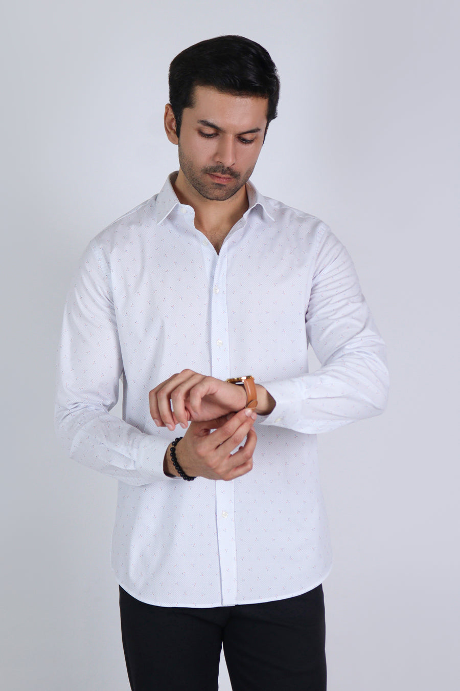 White Micro Print Casual Shirt