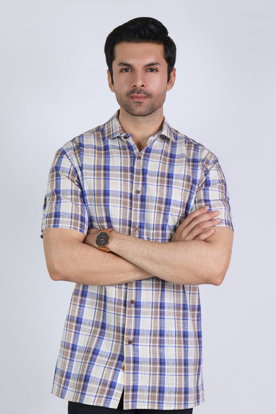 Blue & Brown Cotton Linen Shirt