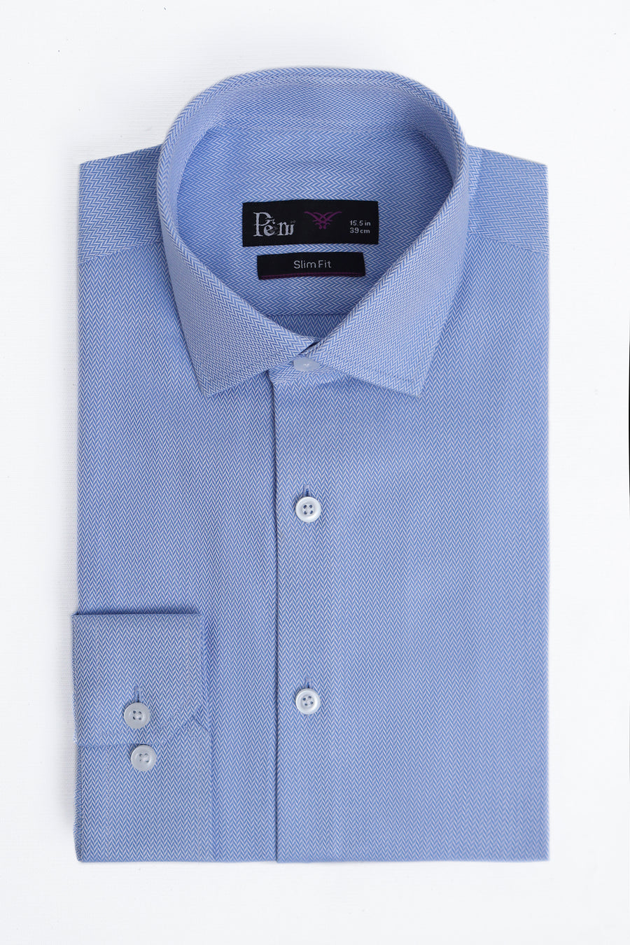 Blue Herringbone Slim Fit Dress Shirt