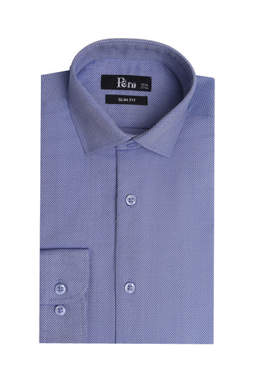 Blue Self Textured Slim Fit Dress Shirt - Made in Bangladesh