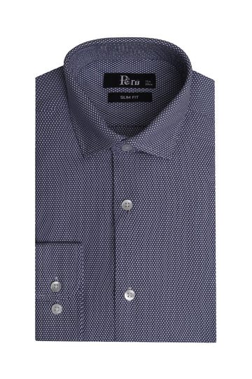 White & Blue Self Textured Slim Fit Dress Shirt - Made in Bangladesh