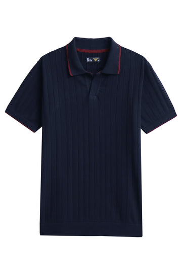 Navy Drop Needle Knitted Polo